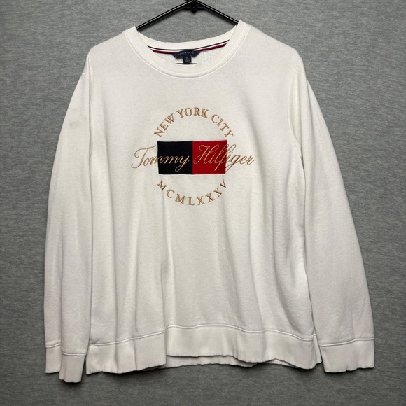 Y2K Tommy Hilfiger White Embroidered Crew Neck sweater‎ Men XL - Picture 1 of 10